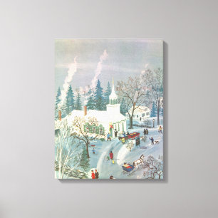 Toile Noël vintage, personnes allant à l'église dans la