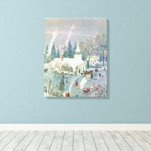 Toile Noël vintage, personnes allant à l'église dans la 