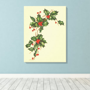 Toile Noël vintage, plante de houx avec des baies rouges