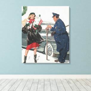 Toile Noël vintage, Policier faisant des achats de cadea