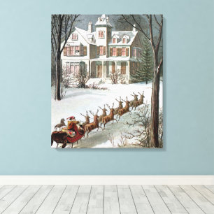 Toile Noël vintage, Saint Nicolas avec rennes