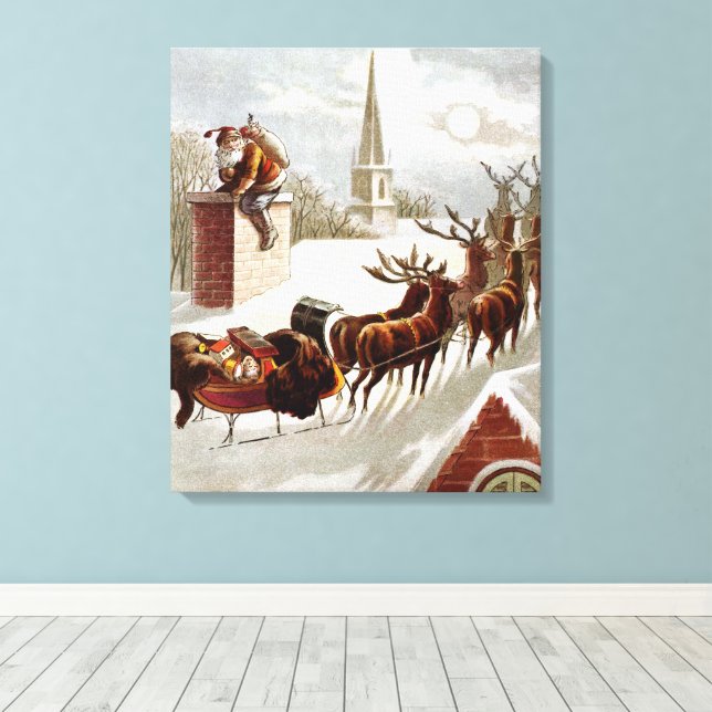 Toile Noël vintage, Saint Nicolas sur le toit (Insitu (Plancher de Bois))