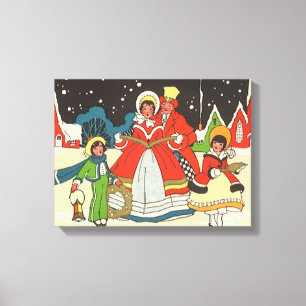 Toile Noël vintage, une famille chantant des chants de N