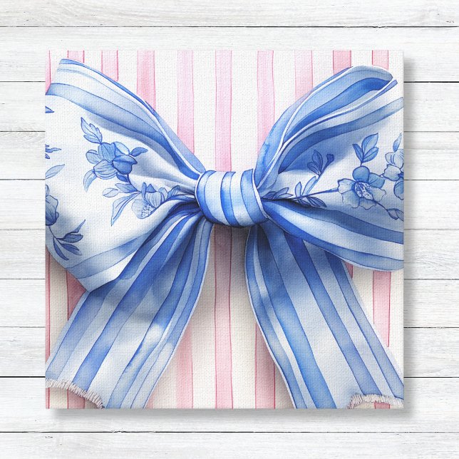 Toile Nœud Coquette Bleu et Blanc sur Rayures Roses (Blue and White Coquette Bow with Pink Watercolor Vertical Stripes - Girls Wall Canvas Decor)
