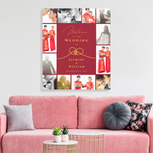 Toile Nœud Double Bonheur Photo de Mariage Chinois en Or