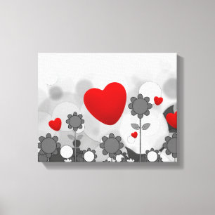 Toile Noir/blanc mignon/gris fleurit le coeur de rouge