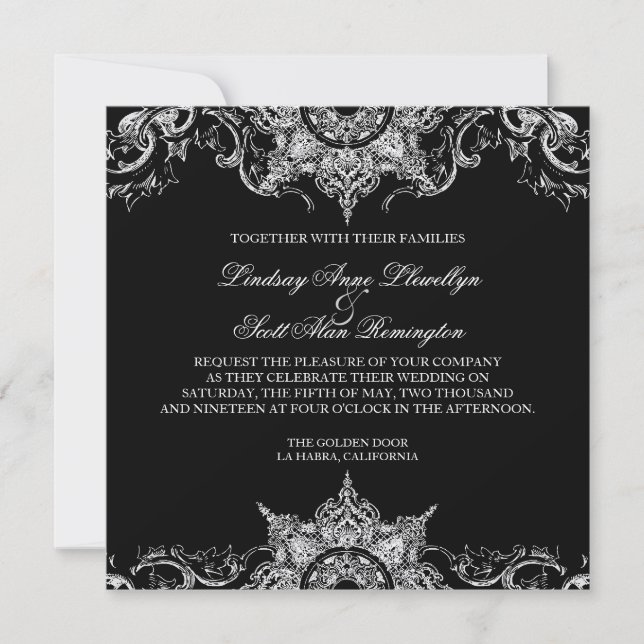 Toile noir n blanc Damask Swirl Wedding Invitation (Devant)