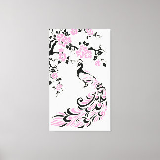 Toile Noir, rose paon et fleurs de cerisiers personnalis