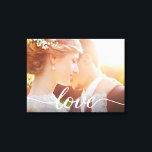 Toile Nouveau mariés Mariage Custom Photo Love script<br><div class="desc">Célébrez l'amour entre vous et votre partenaire avec notre Mariage Newlyweds Custom Photo Love Script Canvas Imprimer. Cette belle toile vous permet de la customiser avec votre photo mariage préférée, capturant l'essence de votre journée spéciale. La toile est composée d'une police élégante et tendance, créant le mot "Amour" dans un...</div>