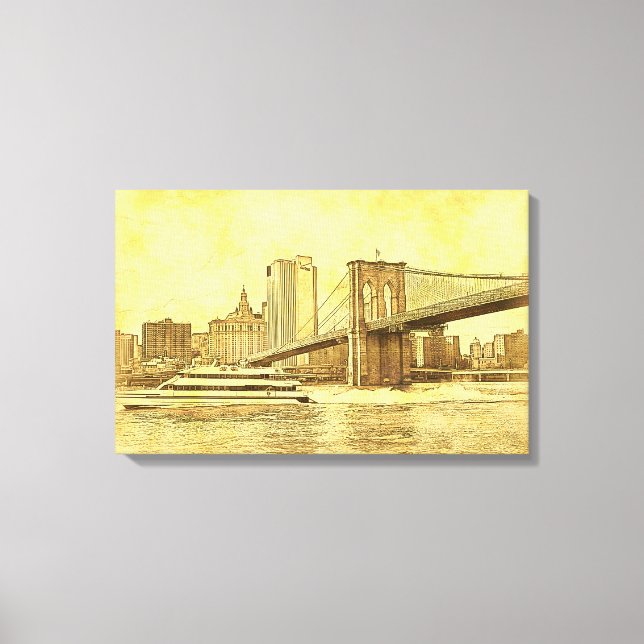Toile NYC Skyline Brooklyn Bridge Boat Etched Look #1BR (Recto)