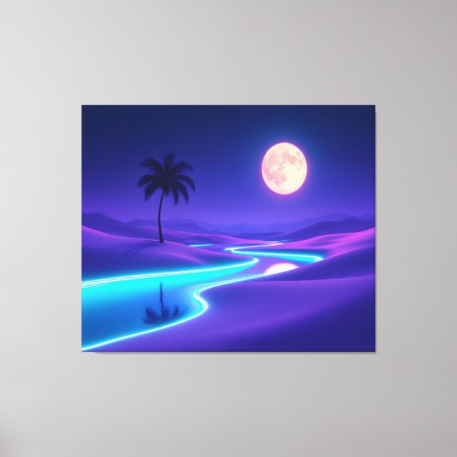 Toile Oasis Bleu Clair de Lune – Paysage de Nuit Déserti (Recto)