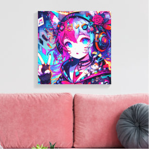 Toile Oeuvre colorée Glitchcore Anime Girl