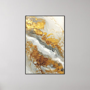 Toile Œuvre d'art abstraite à marbrure blanche et or