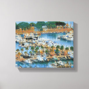 Toile Œuvre d'art colorée de marina côtière Bateaux de p