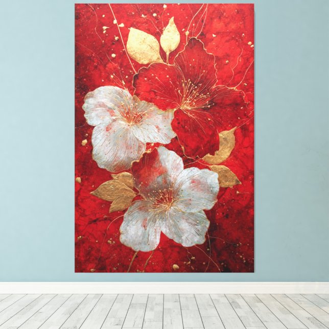 Toile Œuvre d'art murale abstraite florale dorée rouge e (Insitu (Plancher de Bois))