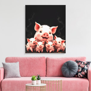 Toile Œuvre d'art porcine – Truie et porcelets