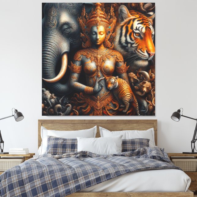 Toile oeuvre d'esprit éléphant tigre (Insitu(Chambre))