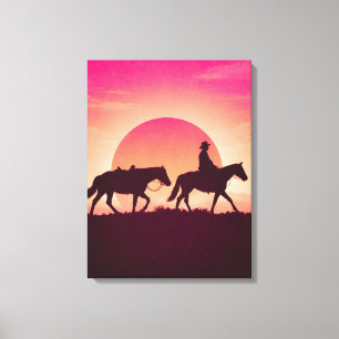 Toile Œuvre murale Cowboy Sunset Silhouette de cheval