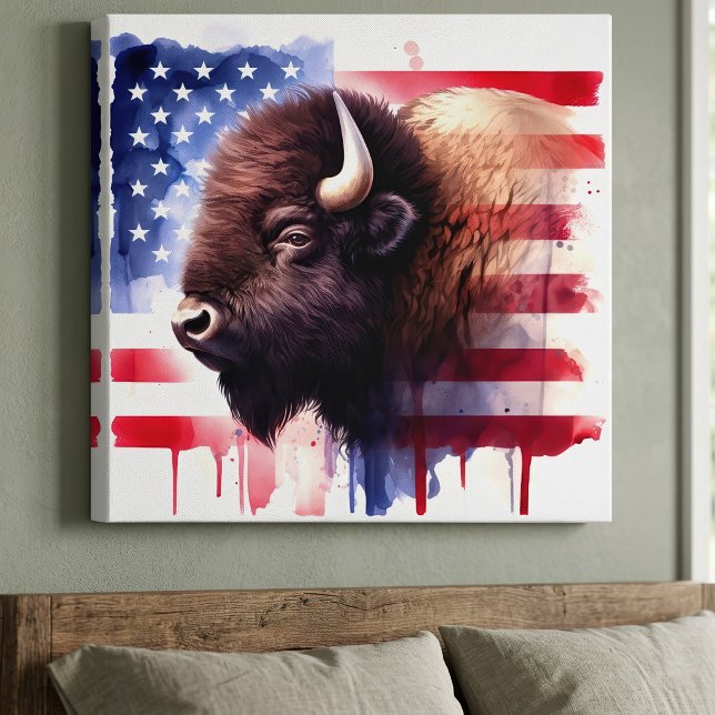 Toile Œuvres d'art majestueuses de bison américain et de (Majestic American Bison & Patriotic Flag Artwork. Canvas Print)