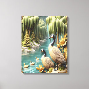 Toile Oies du Canada au milieu des saules pleurs 16x20