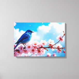 Toile Oiseau bleu sur branche de fleurs de cerisier