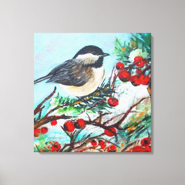 Toile Oiseau De Chickadee À Capuche Noire Aux Berries (Recto)