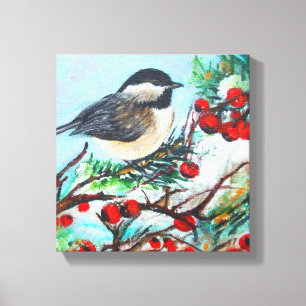 Toile Oiseau De Pickadee Avec Berries En Branche