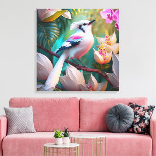 Toile Oiseau Fantastique à Poitrine Rosée et Crête Blanc