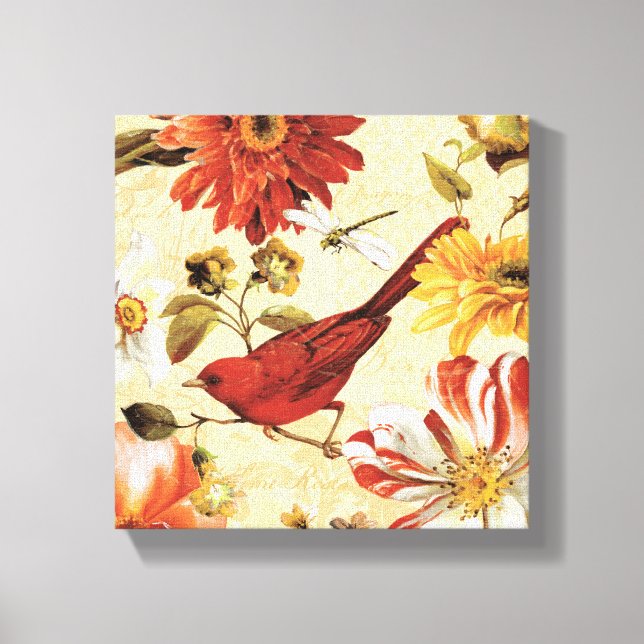 Toile Oiseau rouge dans un jardin fleuri (Recto)