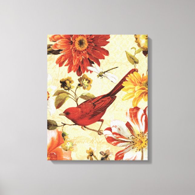 Toile Oiseau rouge dans un jardin fleuri (Recto)
