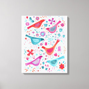 Toile Oiseaux à l'aquarelle dans un jardin de fleurs Pei