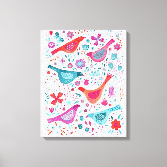 Toile Oiseaux à l'aquarelle dans un jardin de fleurs Pei (Recto)