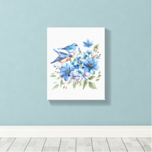 Toile Oiseaux bleus et florales botaniques à l'aquarelle