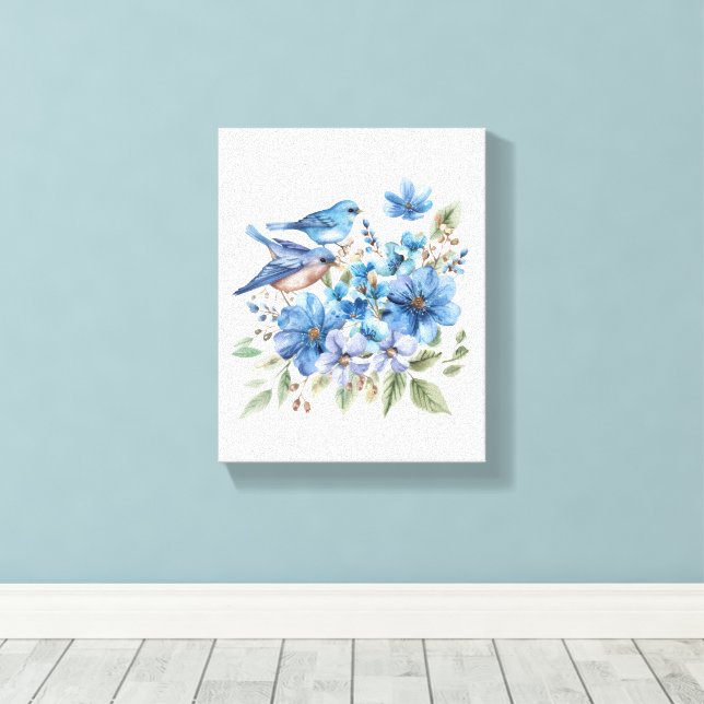 Toile Oiseaux bleus et florales botaniques à l'aquarelle (Insitu (Plancher de Bois))