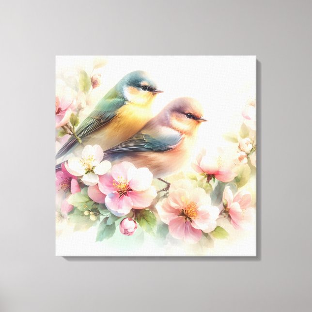 Toile Oiseaux de l'amour doux pastel de printemps Fleurs (Recto)