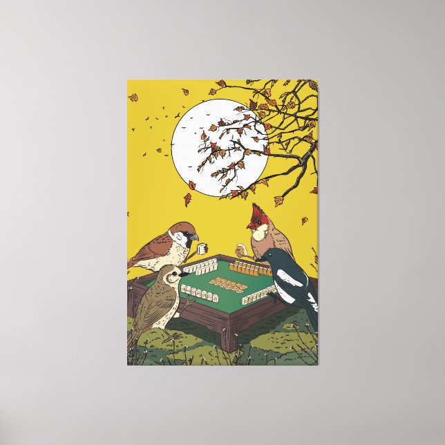 Toile Oiseaux de Mahjong jouant au jeu  (Recto)