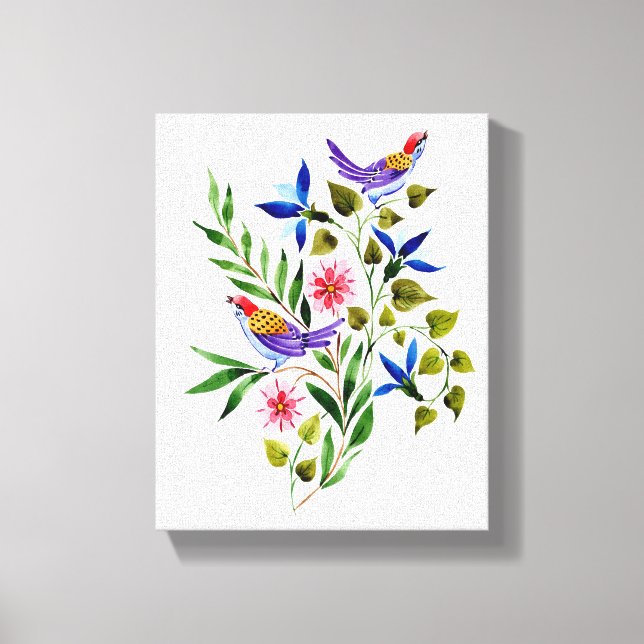 Toile Oiseaux et fleurs aquarelles vives et colorés (Recto)