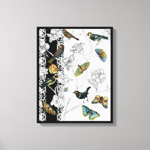 Toile Oiseaux et papillon sur un arrière - plan noir et