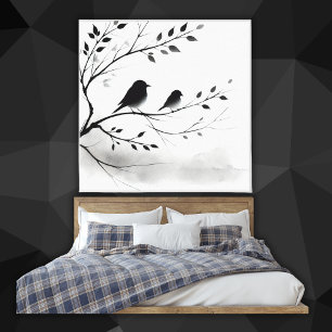 Toile Oiseaux noirs et blancs simples perchés dans les a