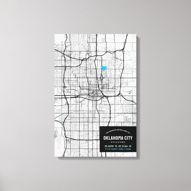Toile Oklahoma City Map + Marquer Votre Emplacement (Recto)
