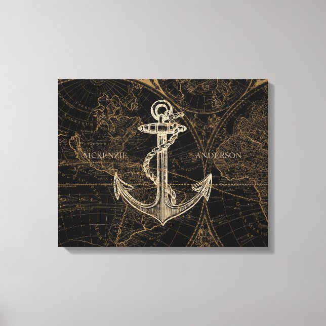 Toile Old World Nautical Ancre Ajouter un nom Noir (Recto)