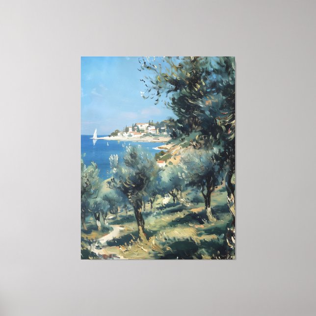 Toile Oliveraie avec village côtier et mer (Recto)