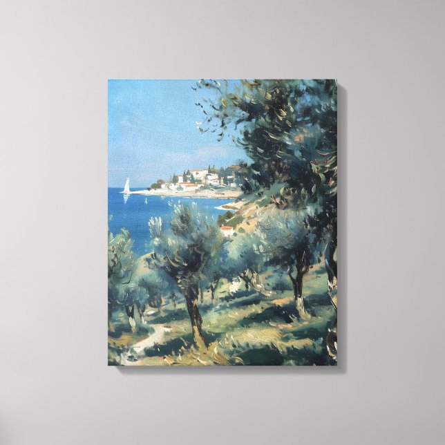 Toile Oliveraie avec village côtier et mer (Recto)