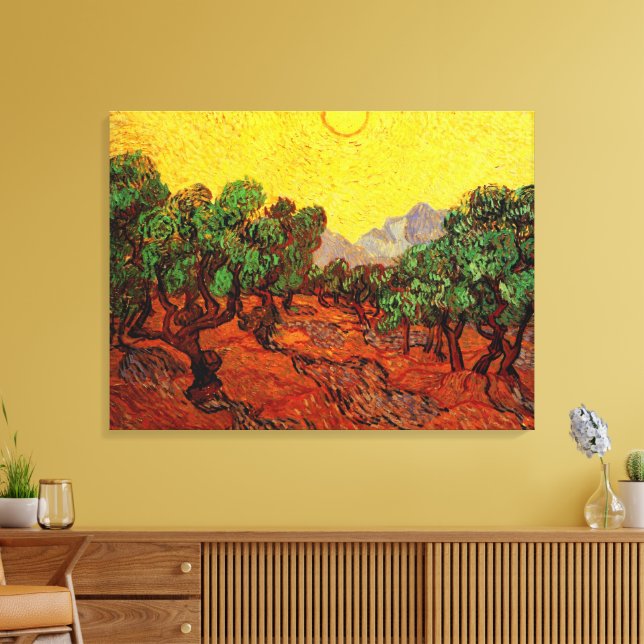Toile Oliviers de Van Gogh avec ciel jaune et soleil (Insitu(Salon))
