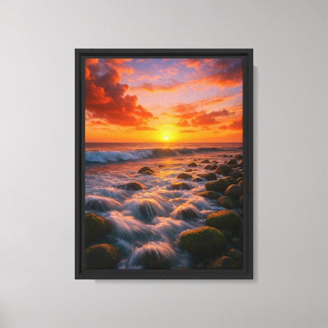 Toile Ondes De Coucher Du Soleil Sur La Rive Rocheuse (Recto)