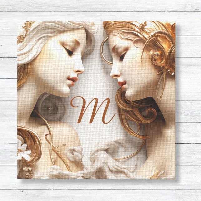 Toile Or et ivoire Angels Monogramme (Gold and Ivory Faux 3D Angels Canvas Wall Art with Custom Monogram - Bedroom Art Divine Protection)