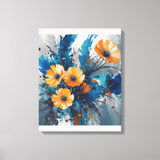 Toile Orange Floral éclate avec Aquarelle Bleue (Recto)