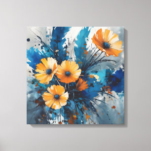 Toile Orange Floral éclate avec Aquarelle Bleue