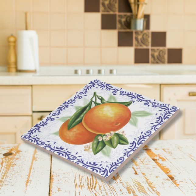 Toile Oranges Carreaux céramiques (Shower Favor - French Country Oranges with Blue Toile Ceramic Artisan Tile)