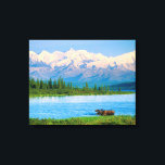 Toile Orignal mâle dans le Wonder Lake<br><div class="desc">Wonder Lake,  orignal mâle se nourrissant de végétation,  montagnes d'Alaska à l'arrière-plan,  parc national Denali,  Alaska</div>